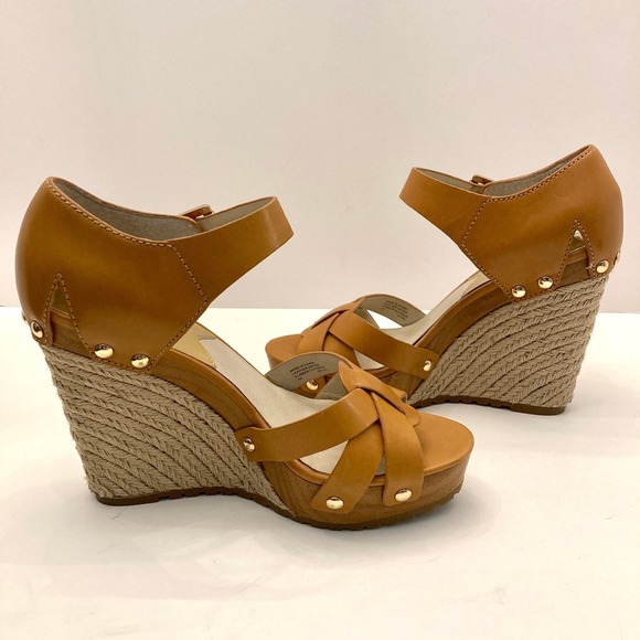 Michael Kors Somerly Wedge Espadrille Sandals Brown Leather Womens 7M Heels Shoe - Picture 9 of 11